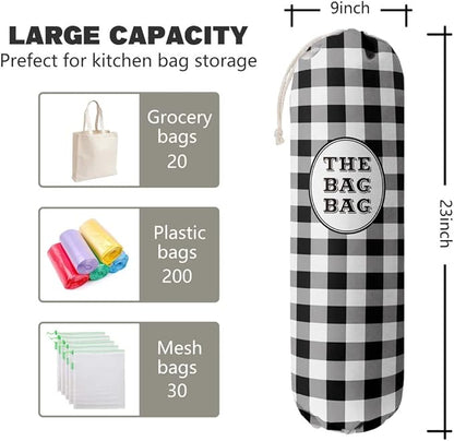 THE BAG BAG Plastic Bag Holder, Black and White Buffalo Check Plaid Grocery Bag Dispenser, Hanging Trash Bag Storage Organizer for Kitchen, Laundry Room, Pantry, Farmhouse Decor, Gifts For Grandma Mom