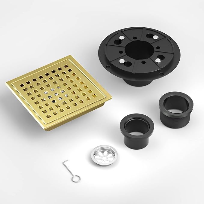 EXF Shower Drain 6 Inch Brushed Gold, Stainless Steel Square Shower Floor Drain Kit with ABS Flange, Removable Cover Grid Grate, Hair Strainer