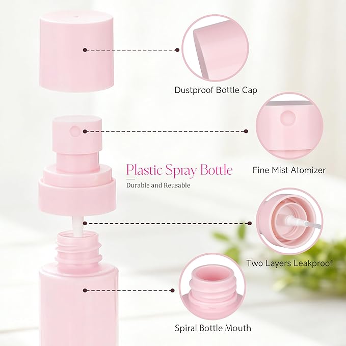2 Pack Small Spray Bottle, 3.4OZ/100ml Travel Spray Bottle, Empty Fine Mist Spray Bottles, Refillable Spray Bottles with Labels (Pink)