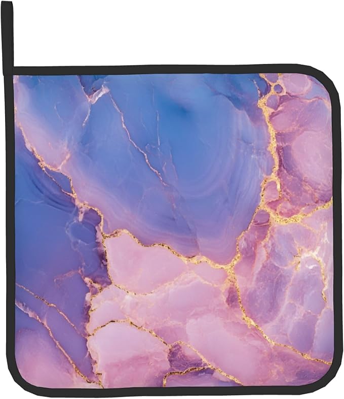 Oven Mitt and Pot Holders Sets - Marble Kitchen Mitts Decorative Purple Pink Oven Gloves Hot Pads Set of 2 for Cooking Baking Grilling