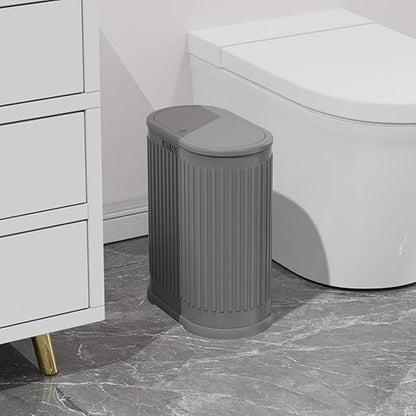 KSSKSS 1.8 Gallons Small Stainless Steel Trash Can with Press Type Lid, Slim Bathroom Garbage Bin, Removable Liner Bucket, Dog Proof Narrow Wastebasket with Pop-Up Lid for Bedroom,Toilet (Gray)