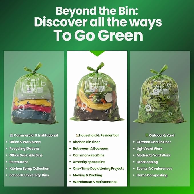 Compostable Trash Bags, 13 Gallon - Smart MultiBin Set 50 Count, Super Strong 0.9 Mil Leak Proof, BPI & OK Compost HOME Certified, ASTM D6400 -AllCompost