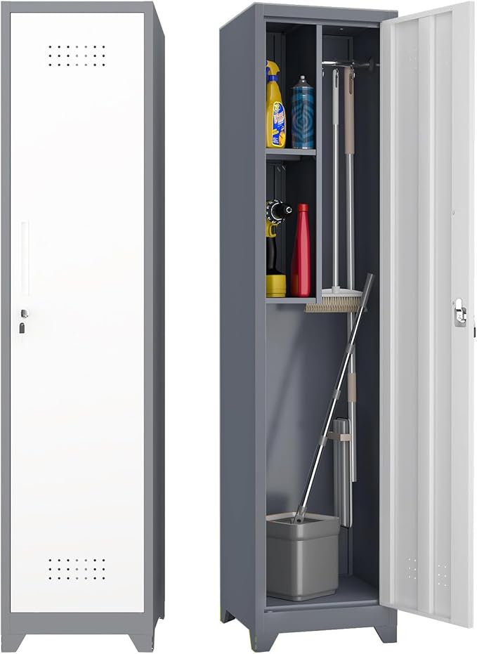 Broom Closet Utility Storage Cabinet with Locking Door and 2 Shelves, 65" H Slim Tool Cabinet for Broom and Mops (Gray White, 65“H-1 Door)