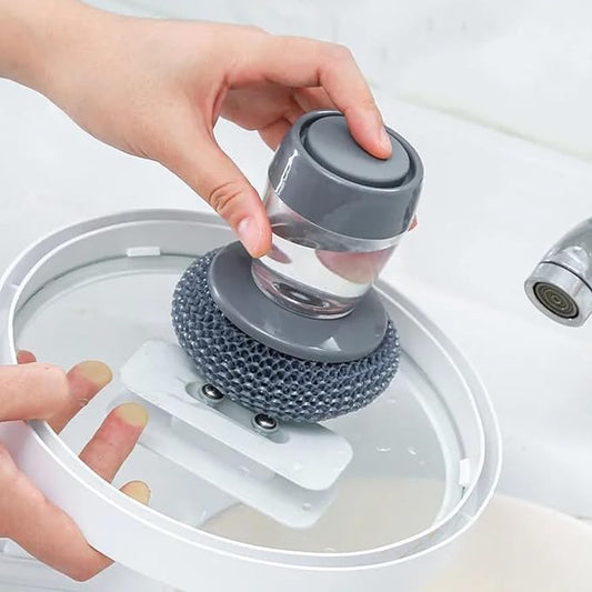 Kitchen Soap Dispensing Palm Brush, Stainless Steel Scrubber Sponge with Storage Base, Push-Type Dish Cleaner, Random Colour (Random Colour)