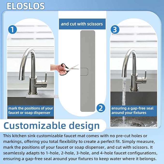 30"L x 5.5"W Customizable Sink Faucet Mat for Kitchen Sink 2 Holes & 3 Holes, DIY Cut for Oval/Rectangle/Square Faucets, Extra Long Quick-Drying Absorbent Splash Guard Counter Protector, Gray