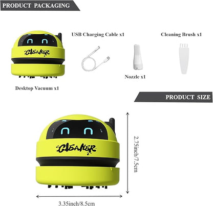 Desktop Vacuum Cleaner, Robot Design USB Rechargeable Cordless Mini Vacuum with 3-Speed Adjustment, LED Display & Detachable Nozzle for Home, Office, Car, Keyboard and Desk Cleaning,Green