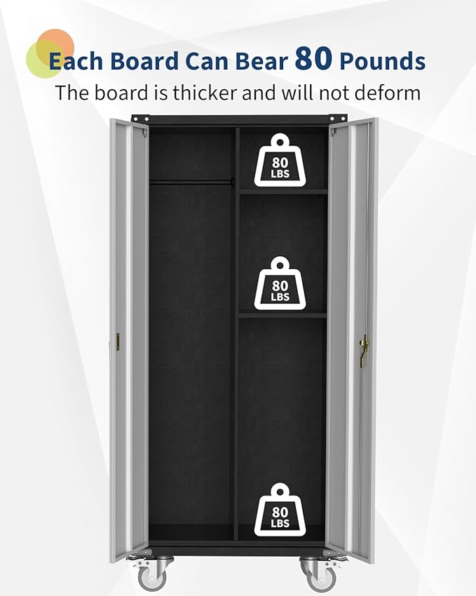 71 Inch Metal Storage Cabinet on Wheels, Tall Locking Wardrobe Cabinet with Hanging Rod, Adjustable Shelves, Garage Tool Organizer, Freestanding Broom Closet for Bathroom, Office, Cleaning Supplies