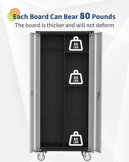 71 Inch Metal Storage Cabinet on Wheels, Tall Locking Wardrobe Cabinet with Hanging Rod, Adjustable Shelves, Garage Tool Organizer, Freestanding Broom Closet for Bathroom, Office, Cleaning Supplies