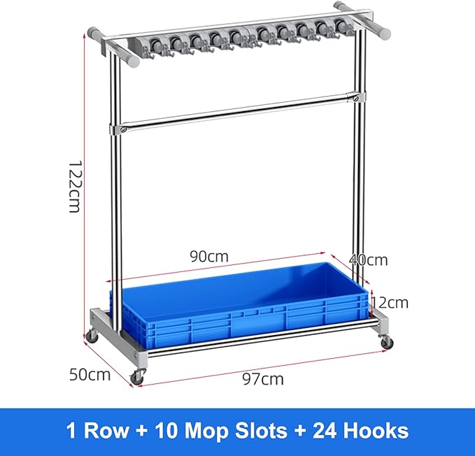Movable Broom Mop Holder, Floor Standing Cleaning Tool Cart Storage, Freestanding Cleaning Supplies Organizer Wet Mop Drain Rack Housekeeping Station Storage Tools for Home Garage Schools