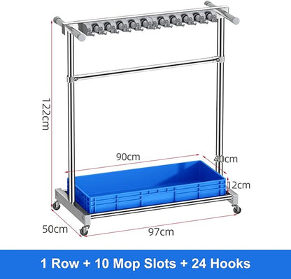 Movable Broom Mop Holder, Floor Standing Cleaning Tool Cart Storage, Freestanding Cleaning Supplies Organizer Wet Mop Drain Rack Housekeeping Station Storage Tools for Home Garage Schools