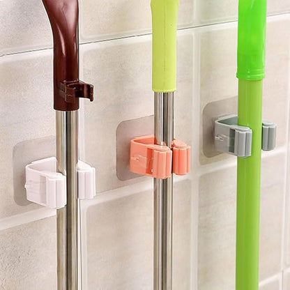 Broom and Mop Holder Clip 4 Pcs Mop Broom Wall Mounted Heavy Duty with Plastic Hooks Hanger No Drilling Mop Gripper for Home Bathroom Kitchen (Gray)