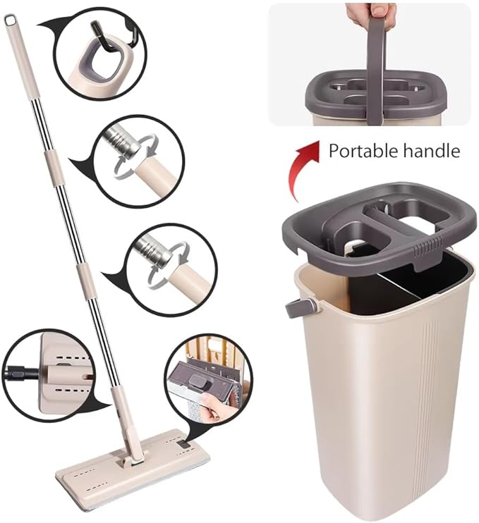 Flat Floor Mop and Bucket Set with Stainless Steel Handle, Heavy Duty Spin Bucket System for Household and Commercial Use