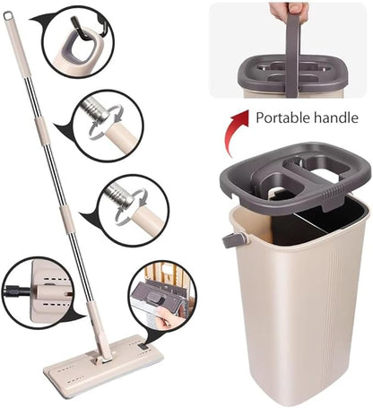 Flat Floor Mop and Bucket Set with Stainless Steel Handle, Heavy Duty Spin Bucket System for Household and Commercial Use