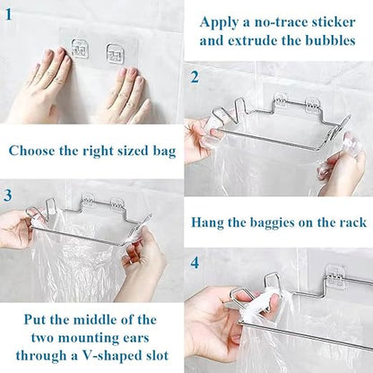Trash Bag Holder for Cabinet Doors & Cupboards, Wall Mount Garbage Bag Holder with Adhesive Base Sticker Stainless Steel Under Sink Bag Holder Plastic Bag Holder for Kitchen Trash Can Bag Holder
