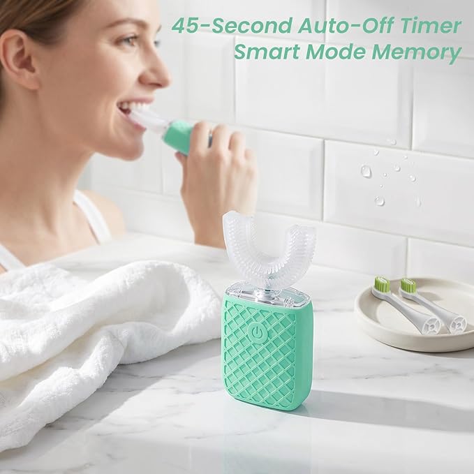 Sonic Electric U Shaped Toothbrush for Adults, Automatic Full Mouth Cleaning Toothbrush, 360° Stain Removal, IPX7 Waterproof Rechargeable, 3 U-Shape & 2 Straight Brush Heads (Green)