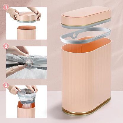 ELPHECO Bathroom Trash Can 2 Gallon Plastic Smart Garbage Can Waterproof Wastebasket Bathroom Decor Narrow Garbage Bin with Automatic lid for Bedroom, Kitchen (Pink Gold)