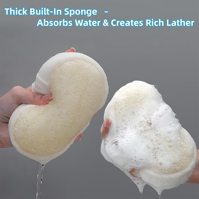 Natural Loofah Sponge, Thick 5cm with Sponge-Filled Cushion Core, Natural Loofah Exfoliating Face & Body Scrubber, Gentle Exfoliating Bath Sponge for Women & Men, Reusable & Biodegradable