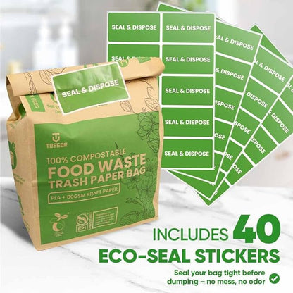 Kitchen Food Waste Bags – 40 bags – 100% Compostable Paper – Leak-resistant liner – Completely Plastic-free & Environmentally Friendly – Certified by BNQ & BPI - 40 Brown Paper Compostable Bags (40)