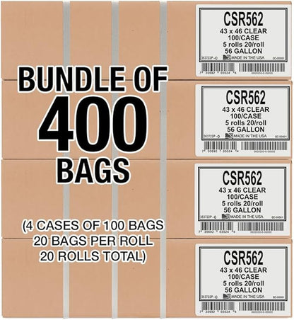 Aluf Plastics 56 Gallon 1.5 MIL (eq) Clear Heavy Duty Garbage Bags - 43" x 46" - Pack of 400 - for Industrial, Recycling, Storage, & Outdoor