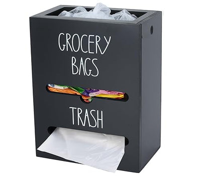 Trash Bag Dispenser, 2-in-1 Wall Mount Wooden Garbage Bag Holder, Under Sink Organizer for 4-13 Gallon Bags & Plastic Grocery Bags, Kitchen Cabinet Storage with Top Slot, Black