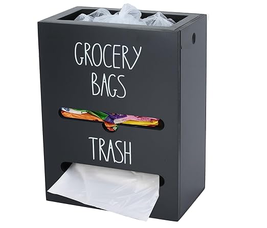 Trash Bag Dispenser, 2-in-1 Wall Mount Wooden Garbage Bag Holder, Under Sink Organizer for 4-13 Gallon Bags & Plastic Grocery Bags, Kitchen Cabinet Storage with Top Slot, Black
