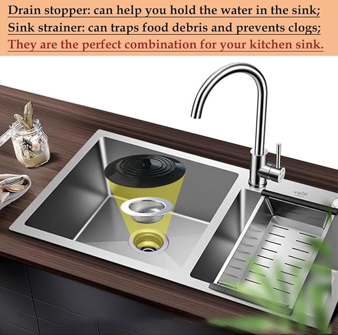 Seatery 4PCS Kitchen Sink Strainer Stopper Kit, Universal Silicone Sink Drain Plug Cover, Drain Water Stopper, 4.5 Inch Stainless Steel Sink Drain Strainer, Food Debris Catcher for Kitchen