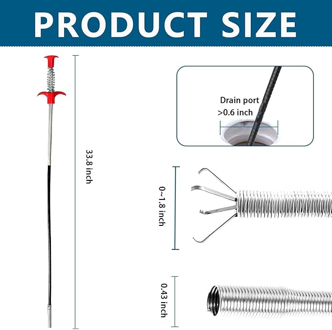 Drain Snake,33 inch Flexible Grabber Claw Pick Up Reacher Tool,Drain Clog Remover - Gutter Cleaning Tools for Home Sink, Bathroom Tub,Drain, Toilet, Tight Spaces