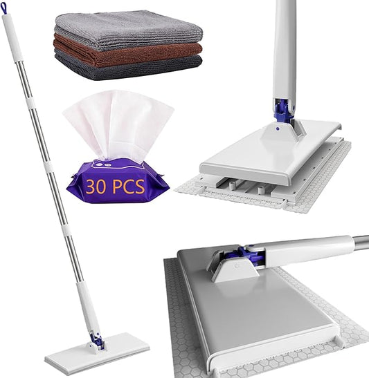RIGONE Snap Grip Mop, 49" Hands Free Floor Cleaner, Cloth Changing Flat Mop, Zero Touch 35-Piece Kit with 30 Dry Wipes & 3 Reusable Cloths, Universal Dust Sweeper for Wall Window Hardwood
