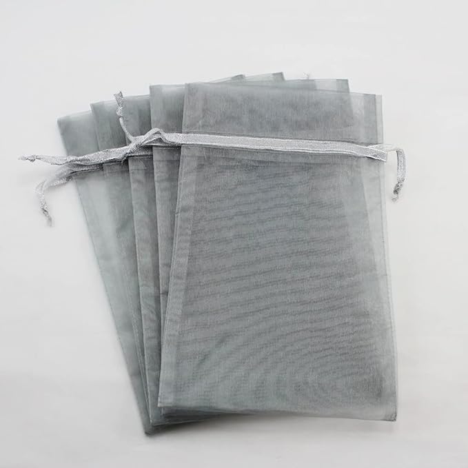 100 Pcs 5x7 Inch Gift Wrap Bags Grey,Organza Mesh Sheer Fabric,Drawstring Satin Ribbon Glitter Clear Tulle Sparkly Jewelry Sachet for Baby Shower Favor,Santa Claus Gift,Wedding decoration,Candy