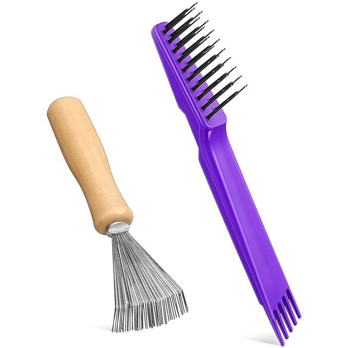 Boao 2 Pieces Hair Brush Cleaning Tool Comb Cleaner Brush Mini Comb Cleaning Hair Remover Tool for Removing Dust Home and Salon Use(Purple, Wood Color,Polished Wooden Handle Rake)