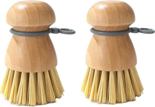 2 Pack Wooden Dish Brush, Compact Palm Dish Scrubber with Soft Rubber Hanging Ring, PBT Bristles Kitchen Scrub Tool for Dishes, Pots, Pans and Sink Cleaning