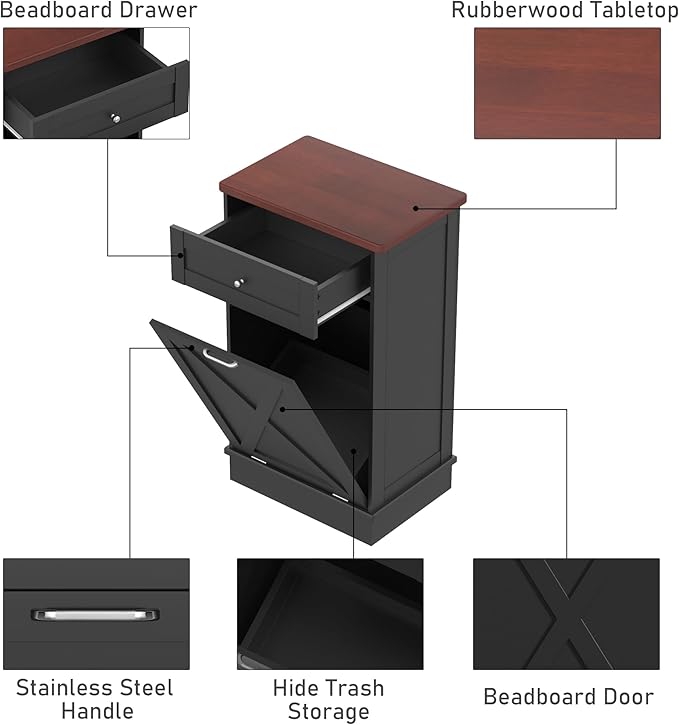 TOLEAD 10 Gallon Tilt Out Trash Can Cabinet Wooden Hidden Trash Cabinet with Solid Wood Top & Drawer, Farmhouse Kitchen Garbage Bin Enclosure Pet Proof Laundry Hamper for Kitchen, Bathroom Black
