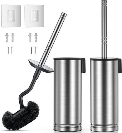 HAMITOR Toilet Brush and Holder Set: 304 Stainless Steel Rustproof Toilet Scrubber with Under Rim Deep Cleaning Curved Bristle - Bathroom Cleaner Brush for Renters Homeowners Family Silver 2 Pack