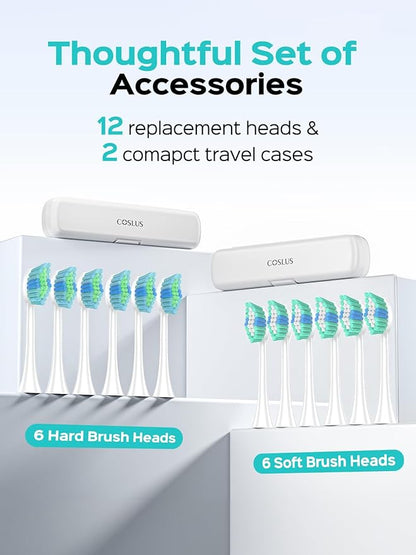 COSLUS C40 Sonic Electric Toothbrush for Adults: 47000 VPM for Deep Cleaning & Whitening with Travel Case - 5 Modes for Sensitive Teeth & Braces, Wireless Charging, 6 Brush Heads, Pink & Green (2PCS)