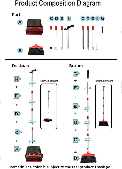 Broom and Dustpan Set, Stand Upright Windproof Dustpan, Long Handle Broom and Dustpan with Teeth for Home Kitchen Room Office Lobby Floor Cleaning (Black+Red)
