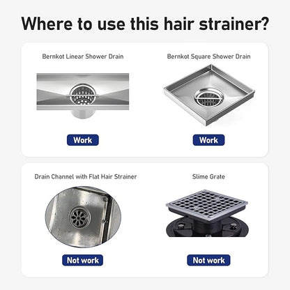 Hair Catcher Hair Strainer, 304 Stainless Steel Filter w/Stainless Drain Key Lifting Hook, Hair and Debris Trap for Bernkot Square Linear Shower Drain (Silver 1PC)