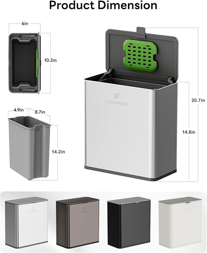 Kitchen Compost Bin, 10L/2.6G Trash Can with Lid, Slim Stainless Steel Hanging Garbage Bin for Kitchen, Bathroom, Bedroom, Office, Wall Mounted Compost Bin with Inner Bucket, Silver