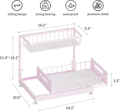 Saydear Under Sink Organizer Storage 2-Tier Premium Metal Pull-Out Kitchen Cabinet Organizer with Sliding Drawer, Height Adjustable, Heavy Duty for Kitchen & Bathroom Organizers 1 Pack Pink