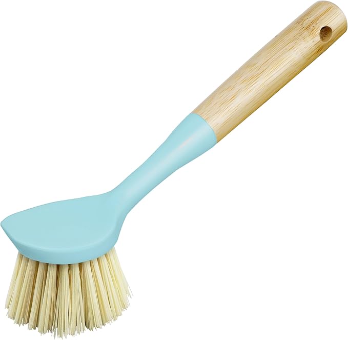 OGGI Natural Bamboo Dish Brush - Non-Scratch, Odorless Nylon Bristles, Durable Scrub Brush with Scraper for Grease & Grime, Safe Cleaning Brush for Non-Stick Cookware - Turquoise Accent Color
