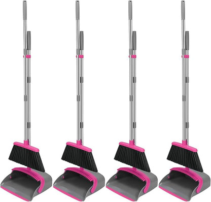 NACENA Broom and Dustpan Set, 52-in Long Adjustable Handle Broom Dustpan Combo with Dustpan Teeth to Automatically Clean Hair Suitable for Home Kitchen Office Hall Floor (Grey&Rose), 4 Pack