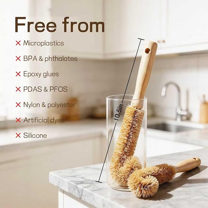 Wooden Bottle Brush - L-Shape Long Handle Cup Scrubber for Water Bottles, Decanters & Glassware - Beech Wood Kitchen Cleaning Tool (Multipack) (4)