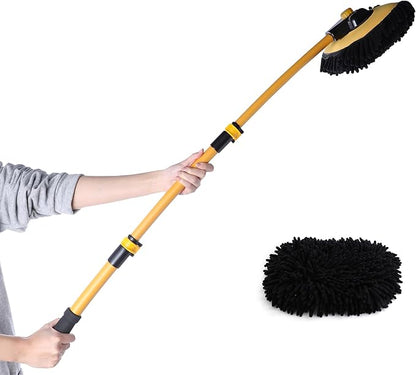Eyliden Car Wash Brush Mop with Long Handle, 90° Swivel Head with 45° Angle Lock, 2 Scratch-Free Microfiber Heads, Car Detailing Kit for Car Truck RV, Yellow & Black