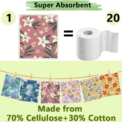 6Pcs 6 Styles Swedish Dishcloths for Kitchen Reusable Quick Drying Sponge 7.7 x 6.8 Inch Countertop Cleaning, Floral Swedish Dish Cloth Absorbent Towels for Dishes Home Tableware Wiping Use