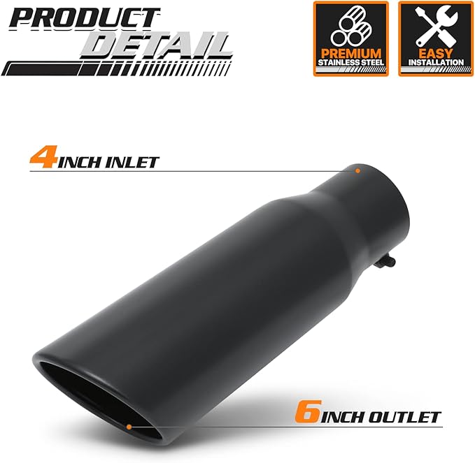 M-AUTO 4" Inlet and 6" Outlet, Universal Muffler Roll and Angle Cut Tip, Heavy Duty Stainless Steel Exhaust Muffler Assembly, 12" Overall Length, Black