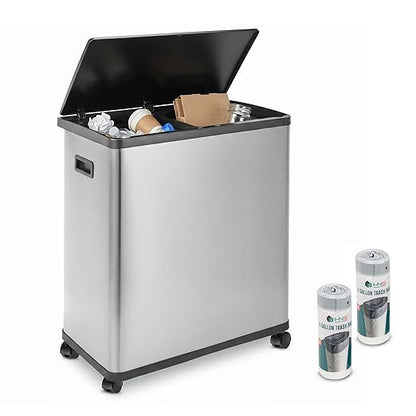 HOLDN’ STORAGE 60L Dual Kitchen Trash & Recycling Bin, Motion Sensor Opening, Soft-Close Lid, Removable Inner Buckets, Stainless Steel, 2 Trash Bag Rolls Included