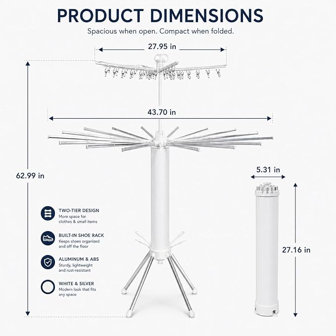 Tripod Clothes Drying Rack, Space Saving Rust-Proof Aluminum, Rotating Foldable Portable Stand for Laundry, Indoor & Outdoor Garment Rack + Bonus Lint Roller