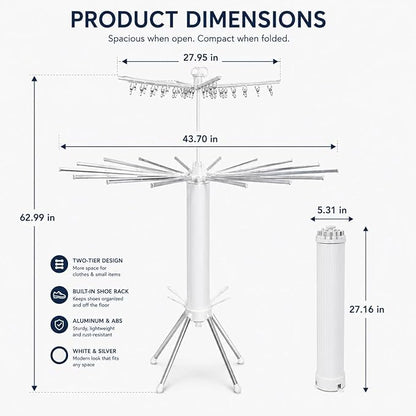 Tripod Clothes Drying Rack, Space Saving Rust-Proof Aluminum, Rotating Foldable Portable Stand for Laundry, Indoor & Outdoor Garment Rack + Bonus Lint Roller