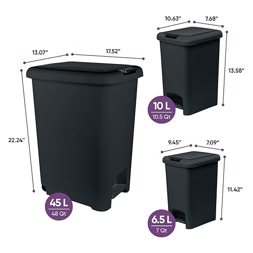 Superio 6.5L, 10L and 45L Slim Step & Push Trash Cans - 3 Pack, Dual Opening, Smooth Matte Finish, Durable Plastic - Black