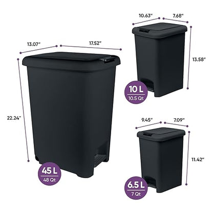 Superio 6.5L, 10L and 45L Slim Step & Push Trash Cans - 3 Pack, Dual Opening, Smooth Matte Finish, Durable Plastic - Black