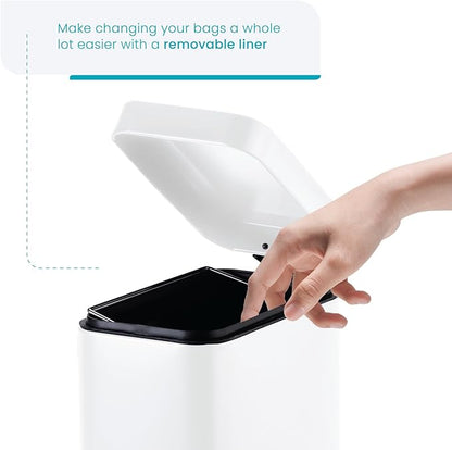 Home Zone Living 1.3 Gallon Small Bathroom Trash Can with Lid and Step Pedal, Stainless Steel Wastebasket with Slim Design for Home and Office, Matte White, 5 Liters